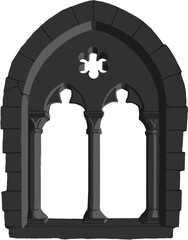 Gothic window plate tracery stylized drawing. Architectural stone engraving; european medieval cathedral/church frame illustration, vector