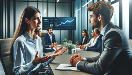 Two young business professionals engage in a one-on-one meeting, with a female presenting an idea to a male colleague - obrazy, fototapety, plakaty
