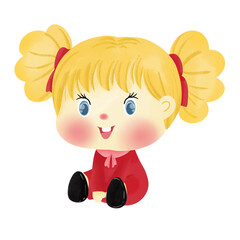 Cartoon yellow blonde girl sitting and smiling.
