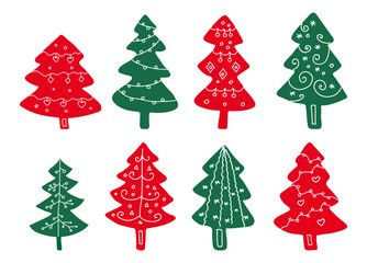 Festive hand drawn Christmas trees with ornaments, green and red colors. Vector set Doodle-style illustrations. Suitable for greeting cards, banners, posters.