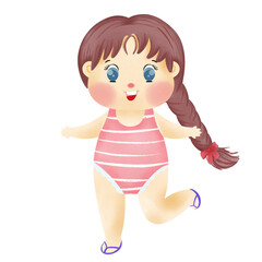 Cartoon girl walks in a pink swimsuit.