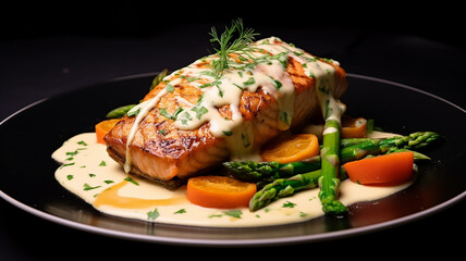 baked salmon and asparagus with sauce in a restaurant