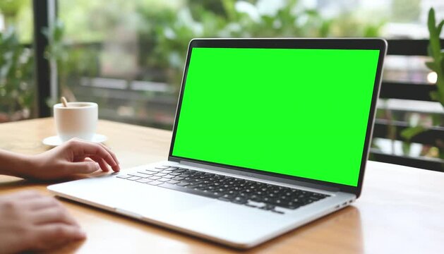 A laptop featuring a blank green screen against a white office or loft background. The video is in 4K, 24 frames per second (fps), and loops smoothly.