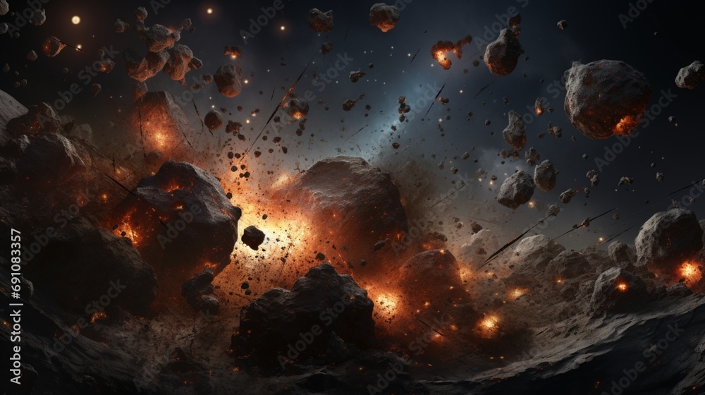 Wall mural a cosmic collision between asteroids, capturing the explosive impact and resulting celestial debris 