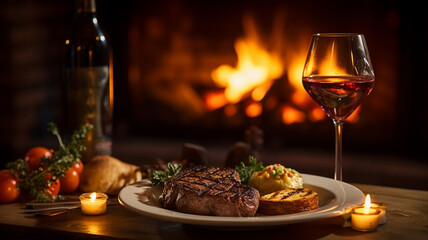 Fototapeta premium romantic dinner meat steak with a glass of wine on the background of a fireplace fire