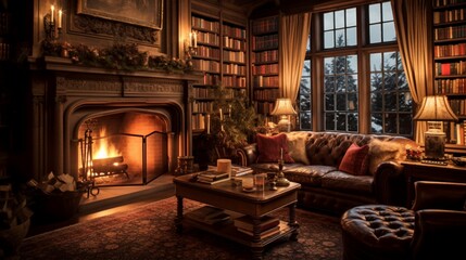 A cozy, candlelit study adorned with leather-bound books, a crackling fireplace, and antique furniture bathed in a warm, inviting glow.