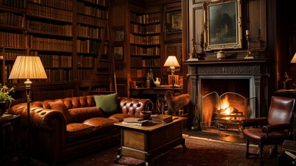 A cozy, candlelit study adorned with leather-bound books, a crackling fireplace, and antique furniture bathed in a warm, inviting glow.