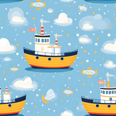 illustration pattern of children's ships, clouds, cute fabric print, paper for wallpaper