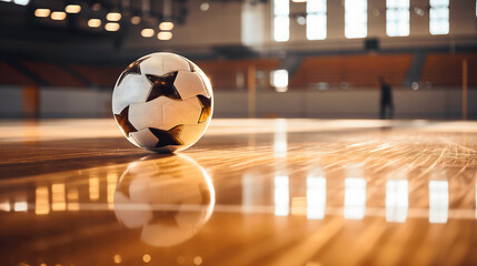Black and white soccer ball placed on a shiny hardwood parquet floor in an indoors futsal gym. 