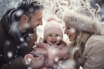 Obraz premium Happy parents Mother and father hug their little daughter on a snowy winter day