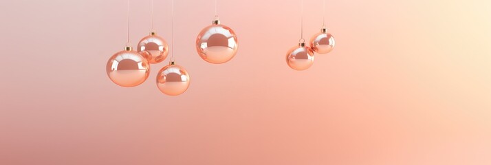 Christmas balls isolated on light pink background. New year decoration, festive atmosphere concept. Banner with copy space. Peach fuzz - color of the year 2024