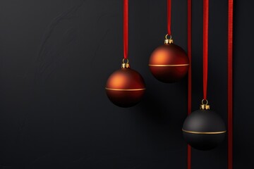 Black and red Christmas balls with red ribbon on dark background. New year decoration, festive atmosphere concept. Banner with copy space