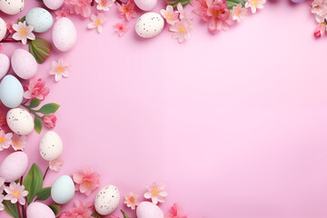 Fototapeta na wymiar easter eggs and flowers on a pink background