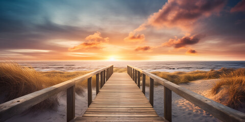 Fototapeta premium Beach holiday by the sea with a beautiful wooden walkway that leads through the dunes during sunset