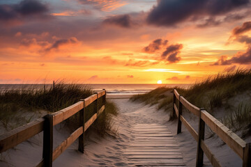 Beach holiday by the sea with a beautiful wooden walkway that leads through the dunes during sunset