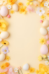 easter eggs and flowers on yellow background