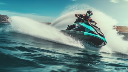 Fototapeta na wymiar Adrenaline-Fueled Jet Ski Ride on Turquoise Waves. Generative ai