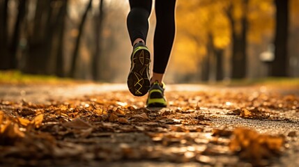 Autumn Jogging: Close-Up on Runner's Shoes Amongst Fallen Leaves. Generative ai