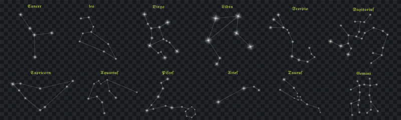 Set of twelve zodiac signs. A collection of twelve zodiac signs consisting of shining stars on a dark checkered background. Vector illustration EPS10.
