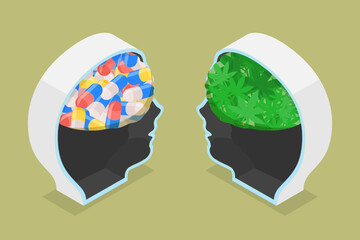 3D Isometric Flat Vector Illustration of Marijuana Medical Use, Research Cannabinol Effect in Medicine - obrazy, fototapety, plakaty
