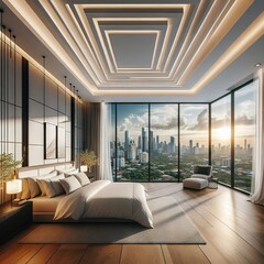 Modern and luxurious bedroom with white ceiling and wood parquet flooring with views of BGC skyline. Upscale condo or Hotel accommodation in Metro Manila