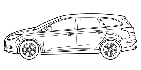 Classic station wagon car. Side view shot. Outline doodle vector illustration