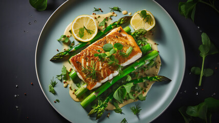 Top view of grilled salmon with lemon, dill and vegetables. fried gourmet skrei cod fish filet with green asparagus and lettuce served on a design plate