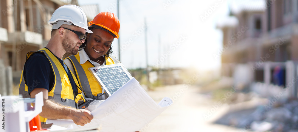 Wall mural professional - senior civil engineers inspecting or working in construction site, contractor examini