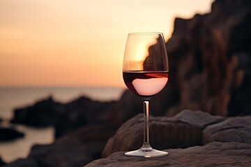 A glass of red and white wine on the rock stone at sunset lighting, col minimal wallpaper, generated by AI. - obrazy, fototapety, plakaty