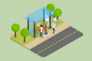 3D Isometric Flat Vector Illustration of Happy Students Waiting a Bus, Urban School Commuting for Kids