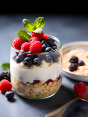 Overnight oatmeal with fresh berries in a glass on grey table  blurred background 