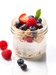 Overnight oatmeal with fresh berries in a glass, isolated on white background 