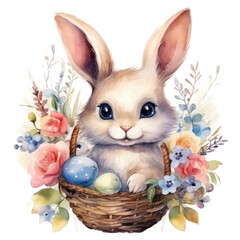 cute watercolor easter bunny with basket of flowers and colorful easter eggs isolated
