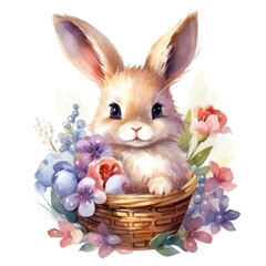 cute watercolor easter bunny with basket of flowers and colorful easter eggs isolated