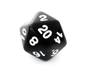 A black D20 twenty sided dice isolated on white. RPG dice. Icosahedron DND dice
