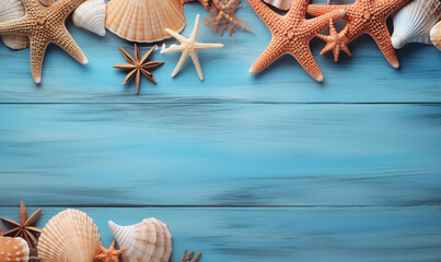 Beach, pebbles, starfish, shells, beach sand on blue wooden background, copy space - Powered by Adobe