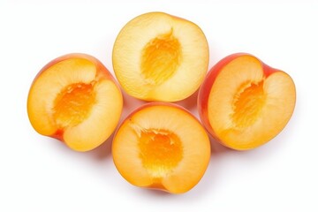 Some peaches that cut to half isolated on white background, halves of nectarines, juicy slices of peach, sliced chopped nectars, core removed, generated by AI. - obrazy, fototapety, plakaty