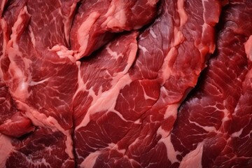 A close up macro texture and pattern of a piece of steak meat, rare and uncooked beef, generated by AI.