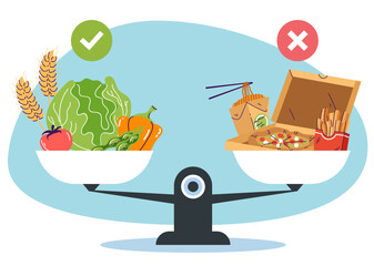 Choice between healthy and unhealthy food concept. Vector design graphic illustration