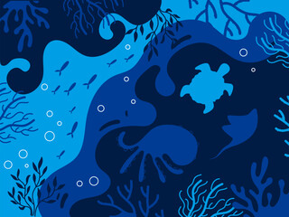 Underwater sea ocean world fish abstract concept. Vector graphic design illustration