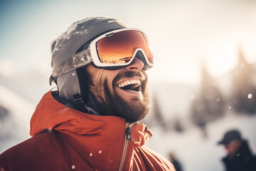 Mann mit Skibrille im Winterpanorama, Skifahren, Snowboardfahren und Langlauf - obrazy, fototapety, plakaty