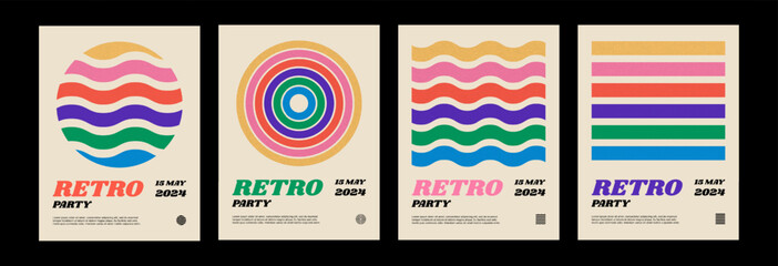 Retro line rainbow posters pack. 1970 waves for a vintage style music party. Vector illustration. - obrazy, fototapety, plakaty