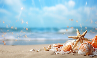 Fototapeta na wymiar Seashells and starfish on the beach ocean and sky background