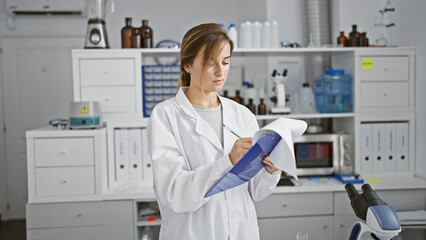 Dedicated young blonde scientist engrossed in deep medical research, meticulously taking notes on...