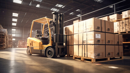 Naklejka premium A modern forklift for working in a warehouse, loading, unloading and transporting goods. Logistics warehouse.
