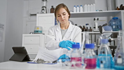 Serious young blonde scientist in the chemistry lab fiercely dedicated to her research, diligently taking notes on her clipboard amidst microscopes and test tubes