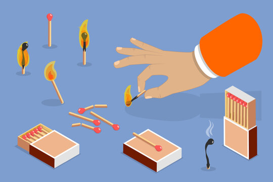 3D Isometric Flat Vector Illustration of Matchstick Box, Wooden Sticks for Making Bonfire Outdoor