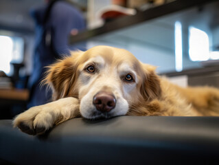 Expressive portrait of a sad dog lying on a table in a veterinary hospital.