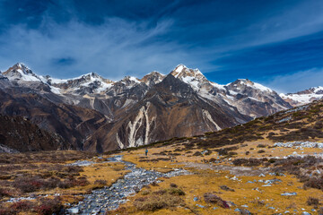 Beautiful HImalayan Mountain Range with Snowy Peaks and Blue Sky in Nepal's Trekking Route