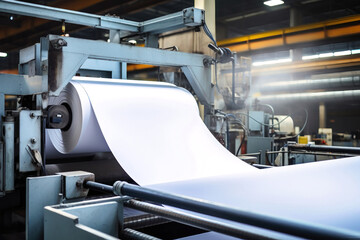 Automated equipment for paper production. Paper production plant. Machines that roll paper into rolls. - obrazy, fototapety, plakaty